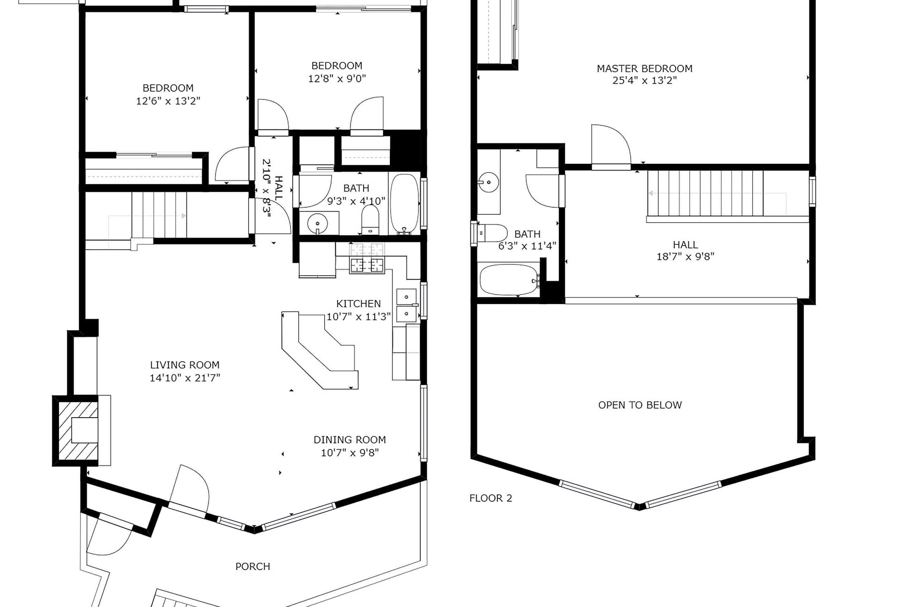 Un plan d’étage d’une maison comprenant deux chambres, un salon, une salle à manger, une cuisine, une salle de bain et une véranda.