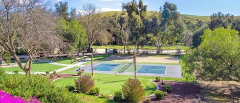 A tennis court surrounded by trees and a grassy area.