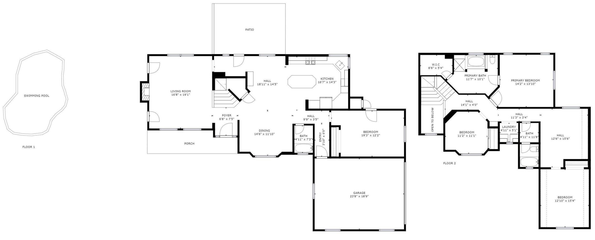 Piantina che mostra una piscina, un soggiorno, un patio, un ingresso, sala da pranzo, cucina, bagno, camera da letto e garage.