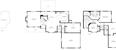 Piantina che mostra una piscina, un soggiorno, un patio, un ingresso, sala da pranzo, cucina, bagno, camera da letto e garage.