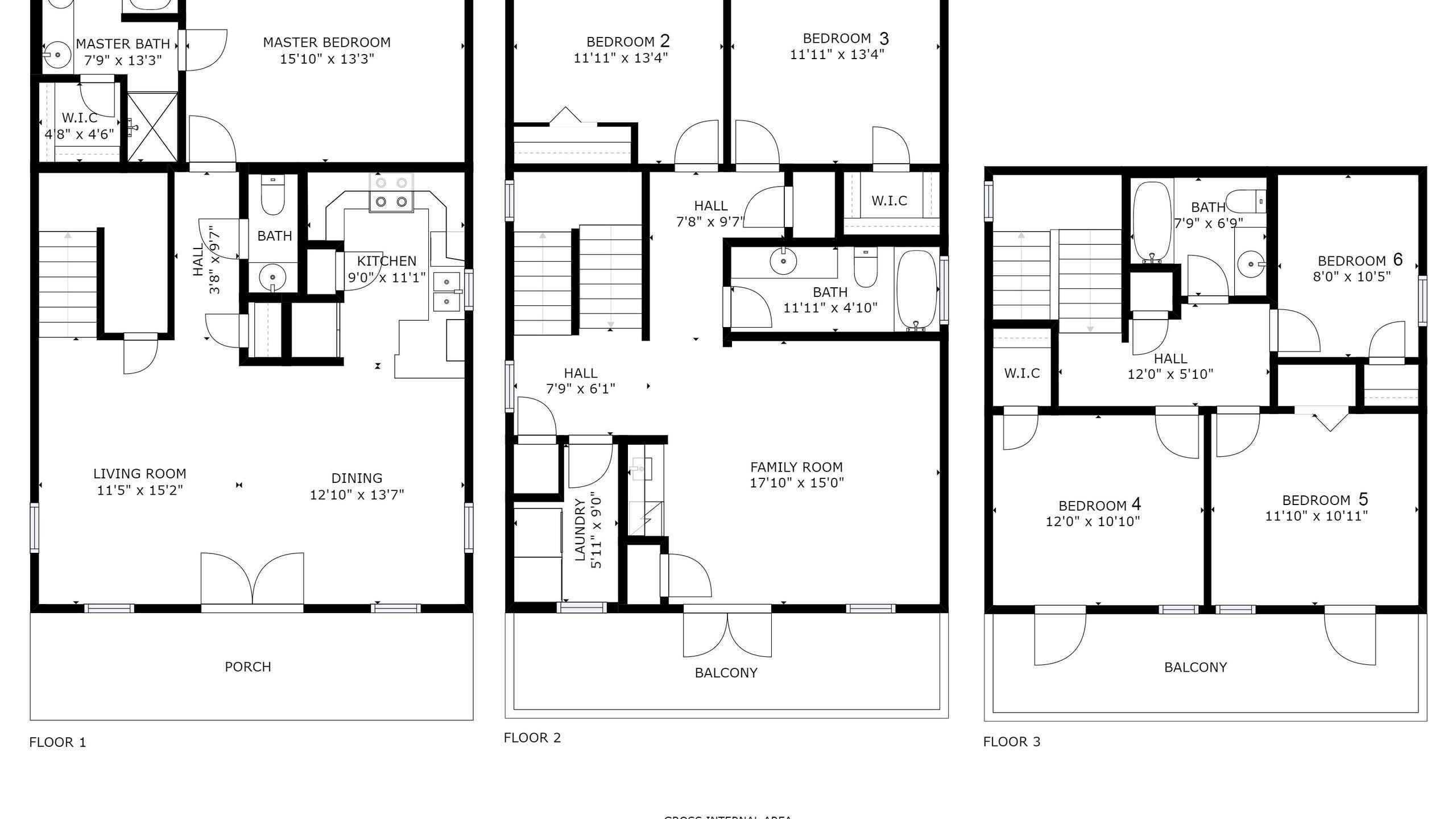 A floor plan with three bedrooms, two bathrooms, a kitchen, a living room, dining area, and a balcony.