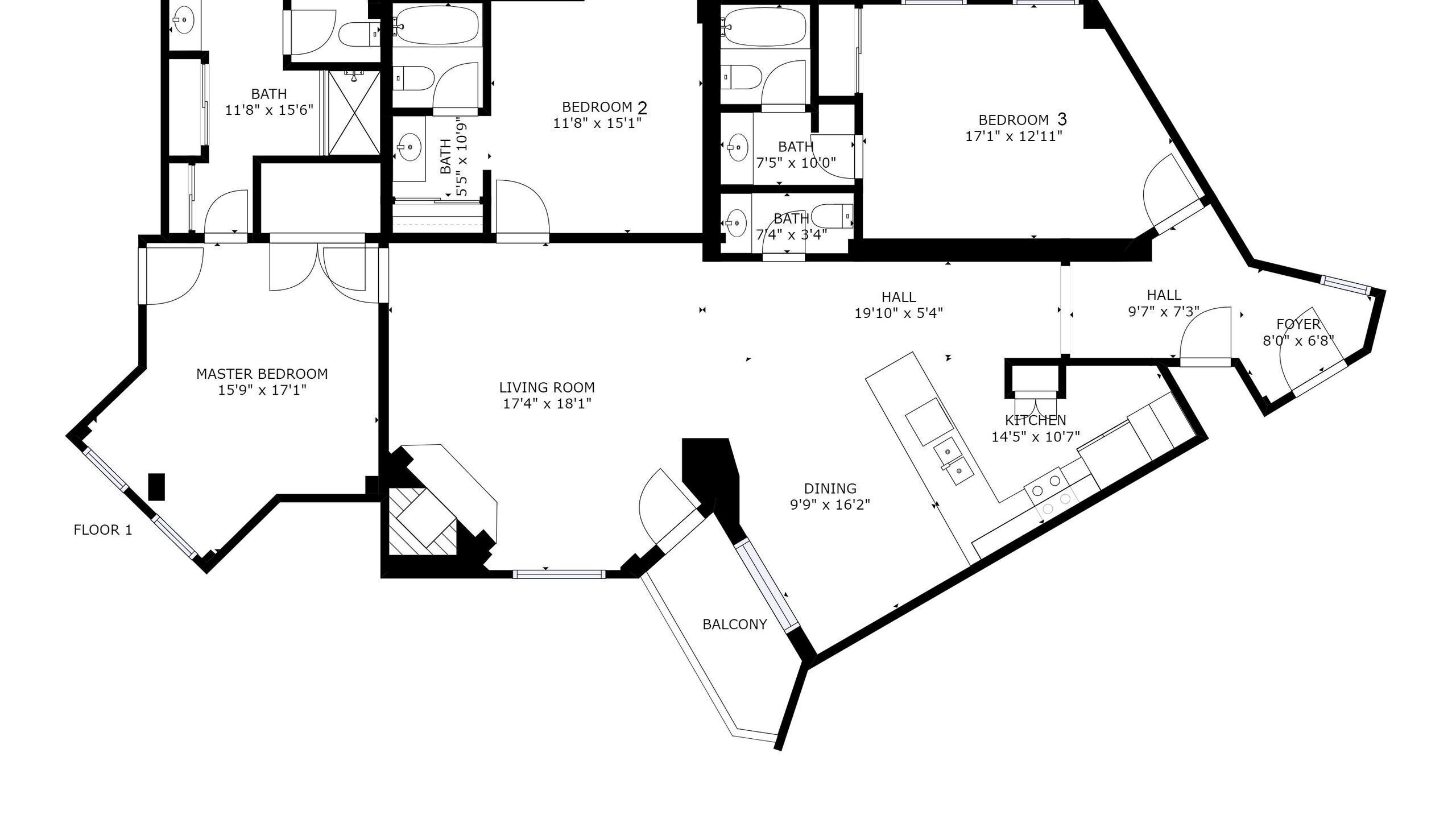 A floor plan with a master bedroom, living room, two bedrooms, two bathrooms, a dining area, kitchen, foyer, and balcony.