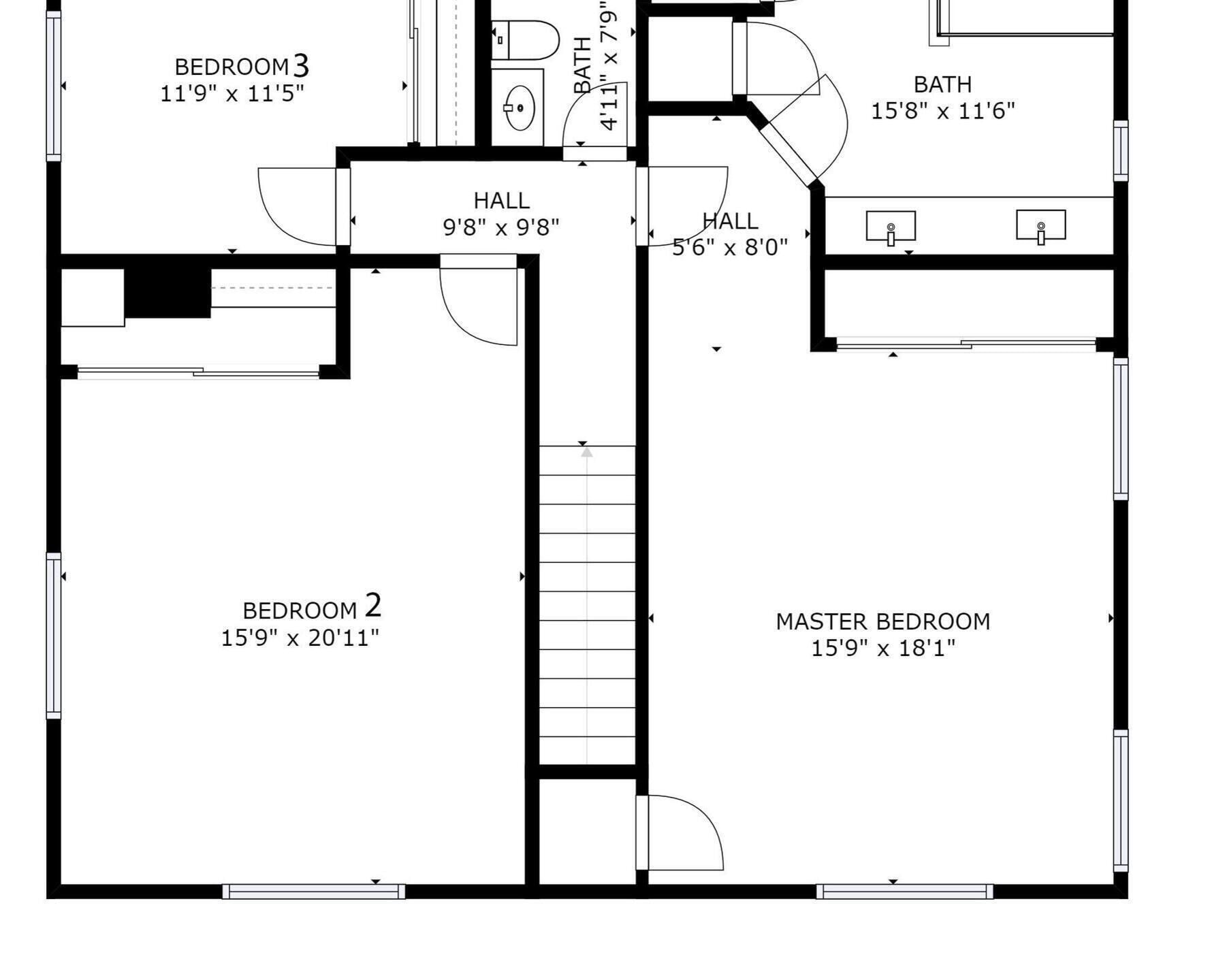 Plano de planta que muestra tres dormitorios, dos baños, dos pasillos y una escalera.