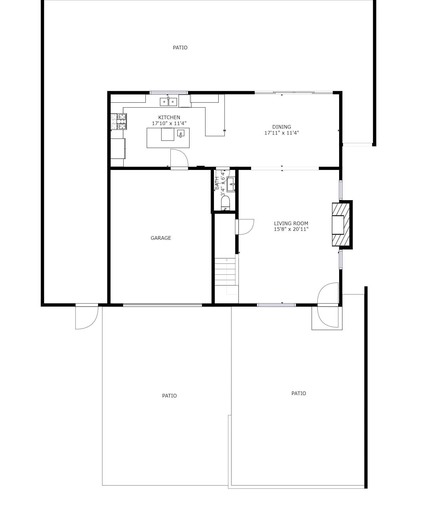 Een plattegrond van een pand met een keuken, een eetgedeelte, een woonkamer en twee terrassen.