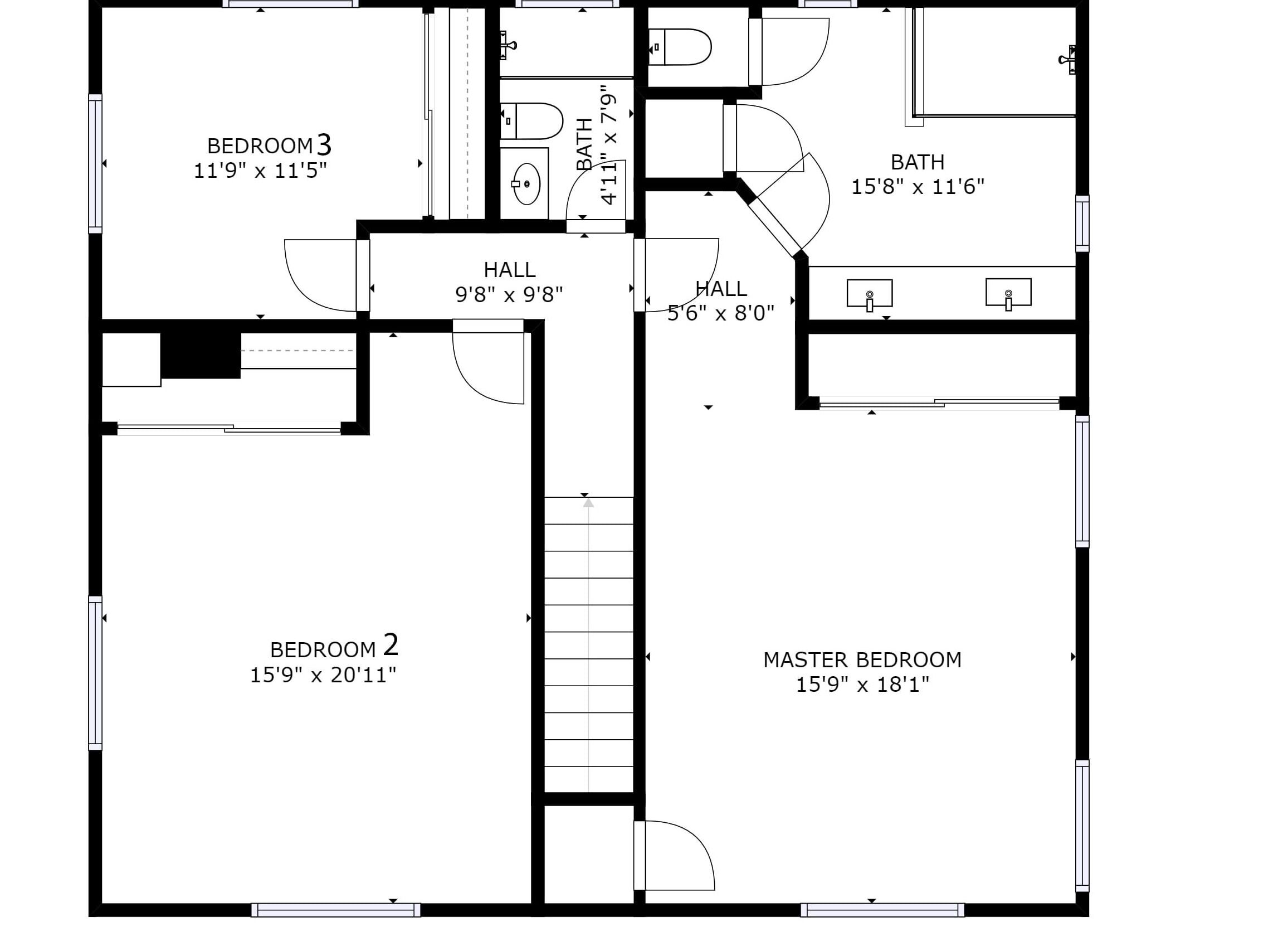 A floor plan of a property with three bedrooms, two bathrooms, a kitchen, and a living area.