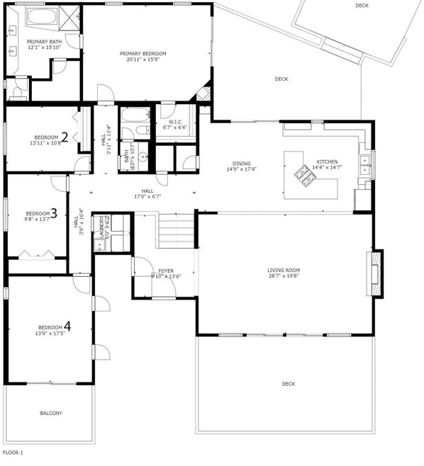 Un plan d’étage comprenant une chambre principale, des chambres secondaires, un coin repas, une cuisine, un salon, un balcon et un hall d’entrée.