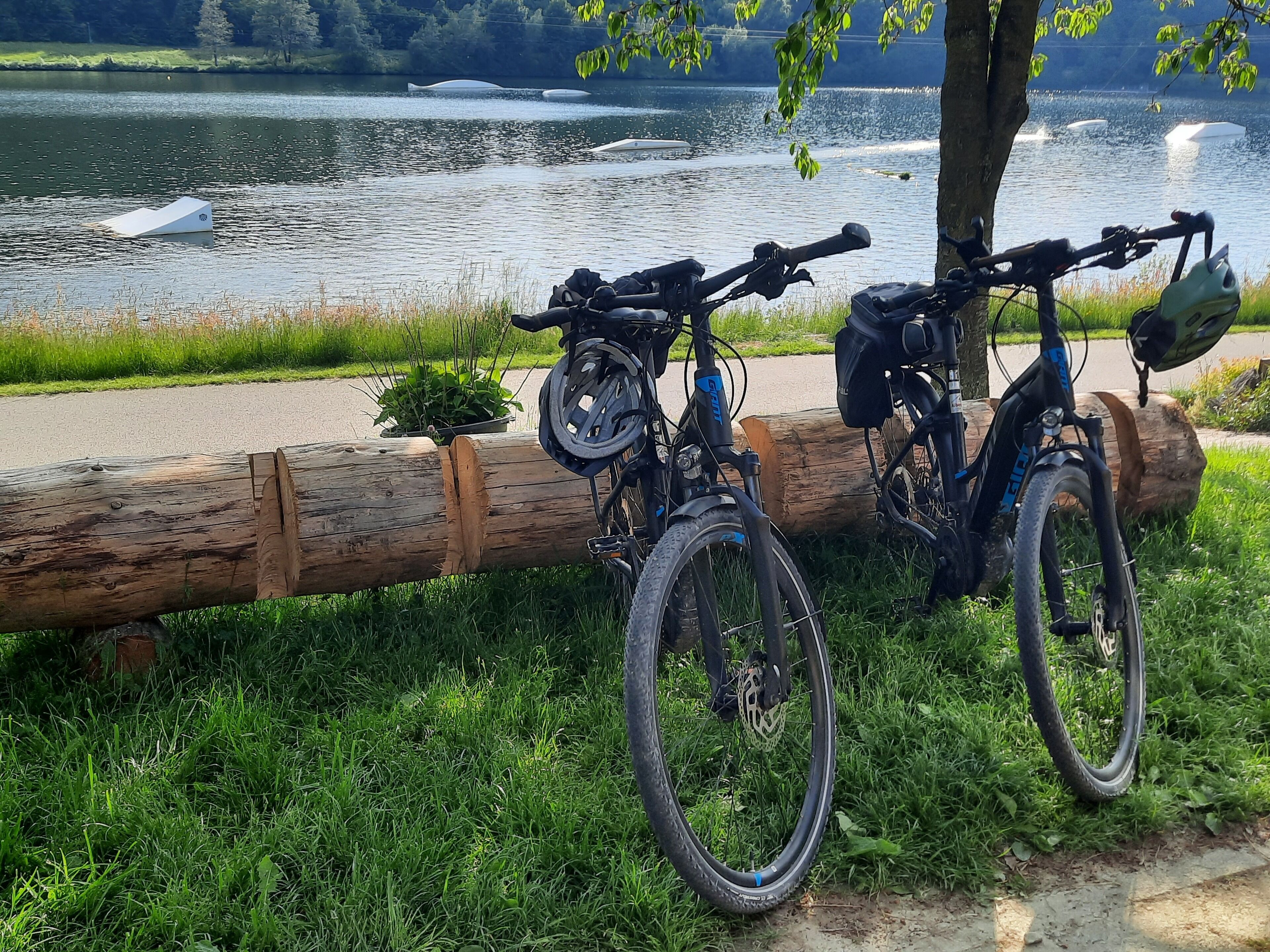 Deux vélos sont garés près d’une bûche en bois, à proximité d’un lac bordé d’un sentier pavé.