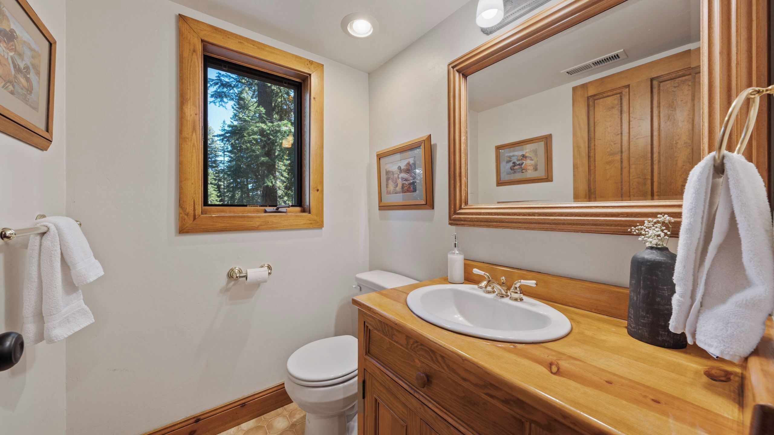 A bathroom with a wooden vanity, a large mirror, a window with a view of trees, a toilet, and a sink with a faucet.