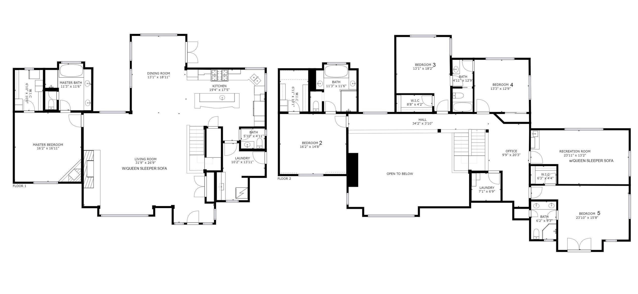 A floor plan of a hotel with multiple bedrooms, a dining room, kitchen, living room, and a recreation room.
