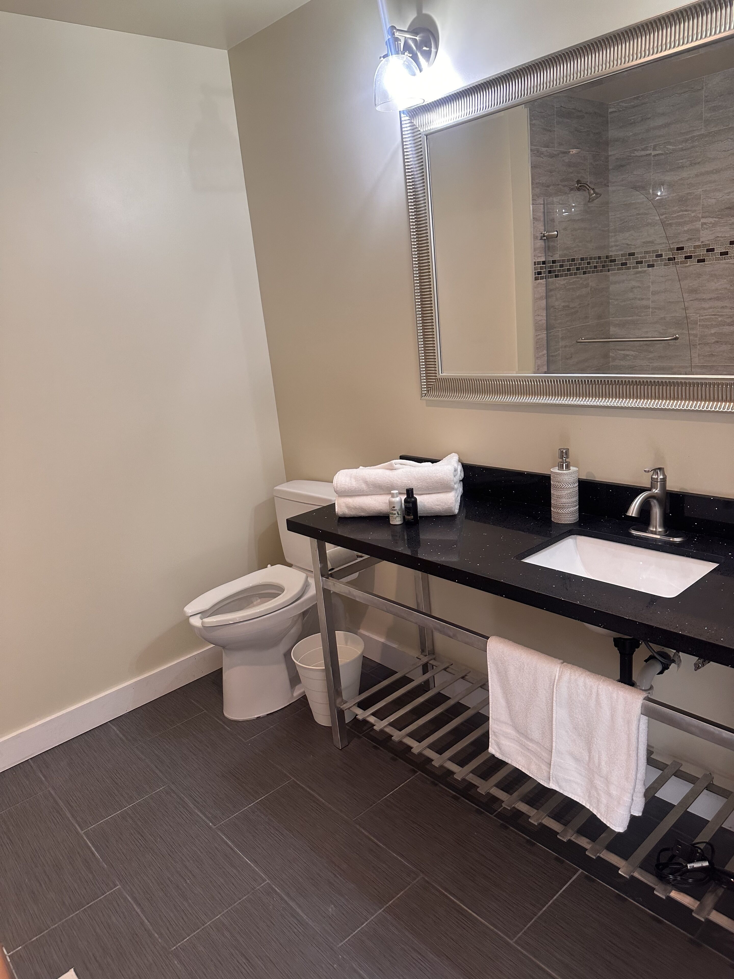 A modern bathroom with a black countertop, white sink, and a large mirror.