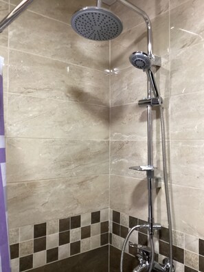 Shower, towels, soap, shampoo