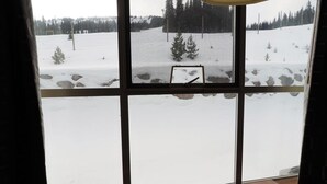 A room with a large window overlooking a snowy landscape with trees and rocks.