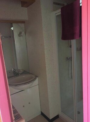 Regadera, secadora de cabello, papel de baño