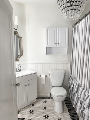 A bathroom with a toilet, a sink, and a mirror. - Spacious Historic Midtown Memphis Chateau "Guest House"-Minutes from Everything (Memphis)