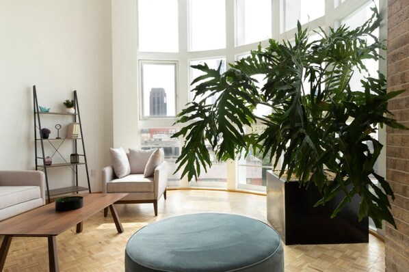 A modern living room with a sofa, ottoman, and a large potted plant. - Balsas By Homirent (Mexico City)