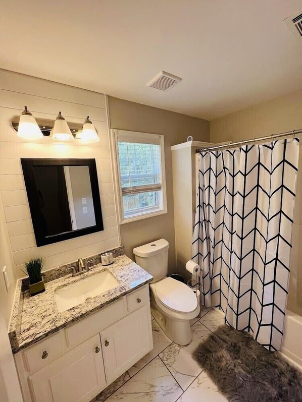 Combined shower/bathtub, hair dryer, towels, toilet paper