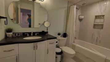 Combined shower/bathtub, hair dryer, towels, soap