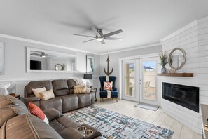 Smart TV, fireplace, books