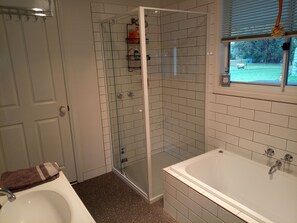 Shower, hair dryer, towels, soap