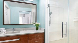 Combined shower/tub, hair dryer, towels, soap