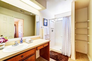 Hair dryer, towels, shampoo