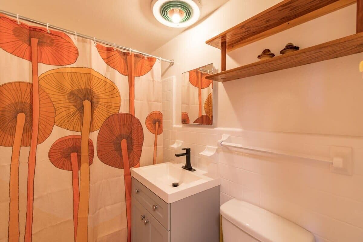 Bathtub, hair dryer, towels, shampoo