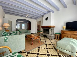 Télévision, cheminée, lecteur de DVD, table de tennis de table