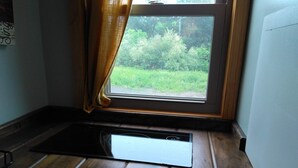 A kitchen with a window overlooking a green landscape, a black countertop, and a blue patterned mat. - Tiny House Retreat Cabin (Freeville)