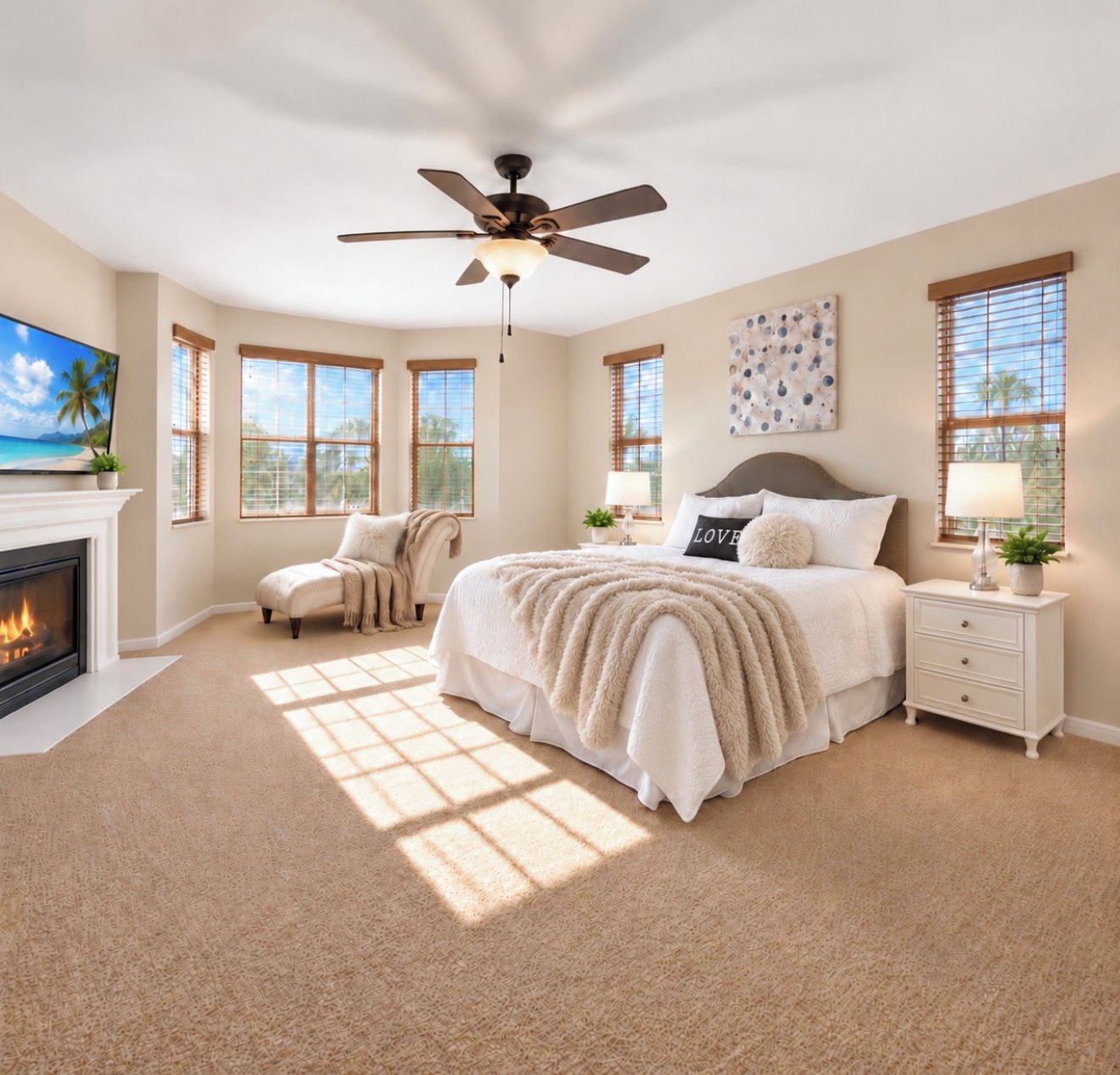 A bedroom with a bed, a ceiling fan, a fireplace, and large windows.