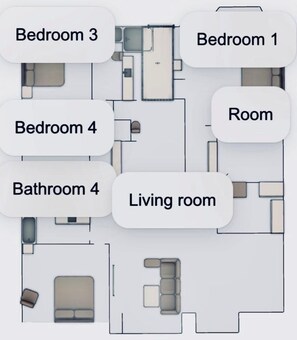Plano de planta que muestra habitaciones señalizadas, un baño y una sala de estar.