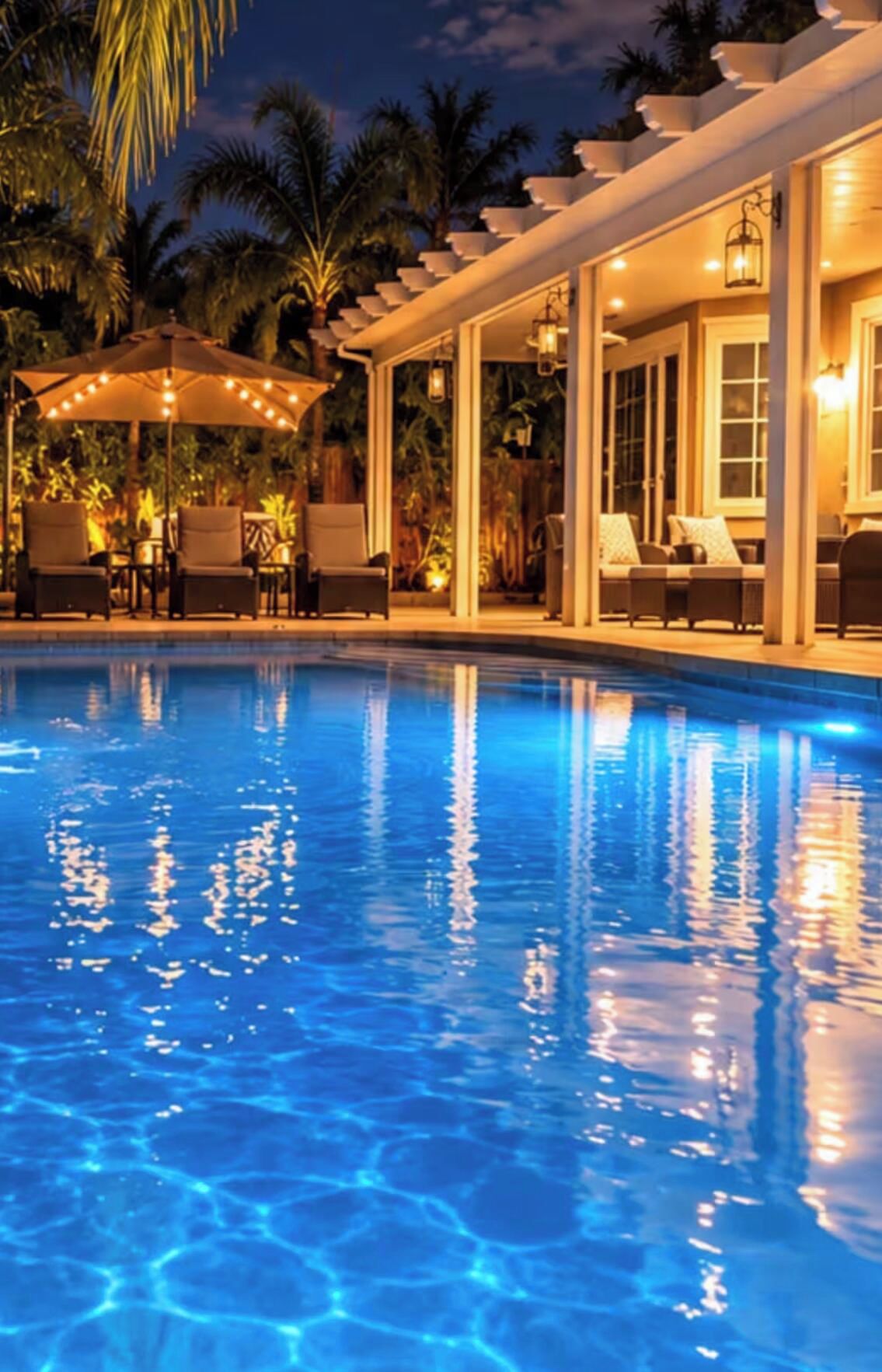 A swimming pool with a covered seating area and lounge chairs.