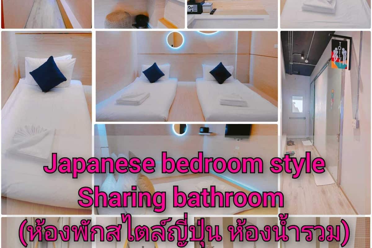 A Japanese bedroom style with a shared bathroom.