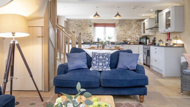 A modern living room with a blue sofa, a wooden coffee table with apples and a vase, and a lamp. - A charming property located in the quaint village of Holditch.  (Chard)