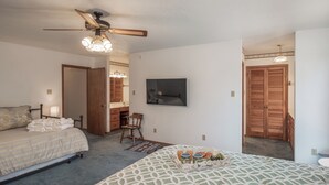 Quarto com cama, escrivaninha, cadeira, televisão e ventoinha no teto.