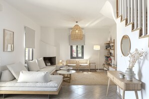 Exclusive Villa | Living area | 32-inch Smart TV with cable channels, TV, fireplace - Escape View Villa (Santorini)