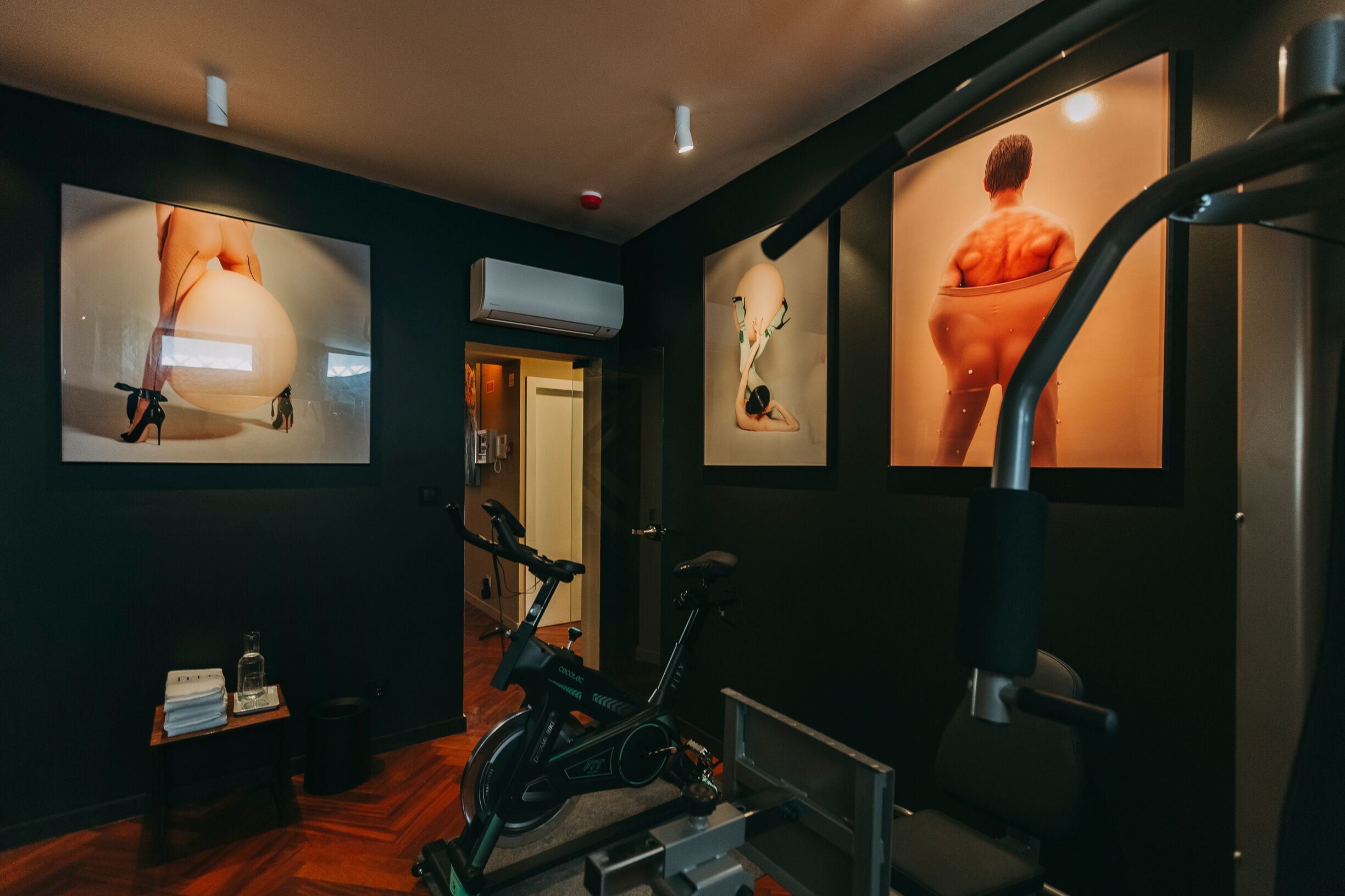 A gym with exercise bikes, a treadmill, and wall-mounted artwork.