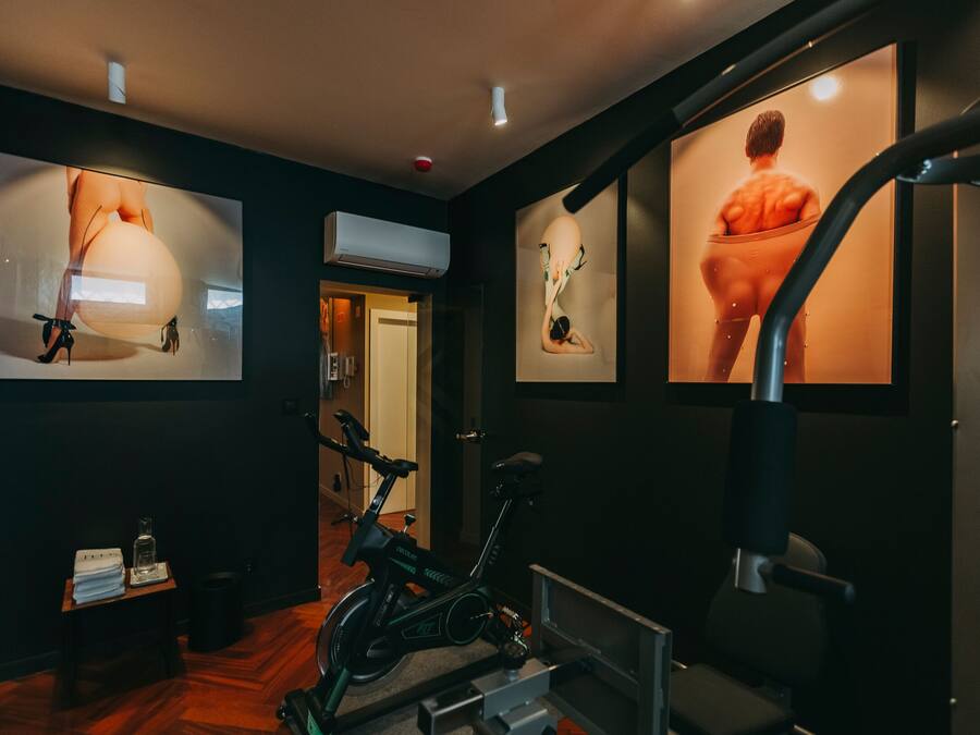 A gym with exercise bikes, a treadmill, and wall-mounted artwork.
