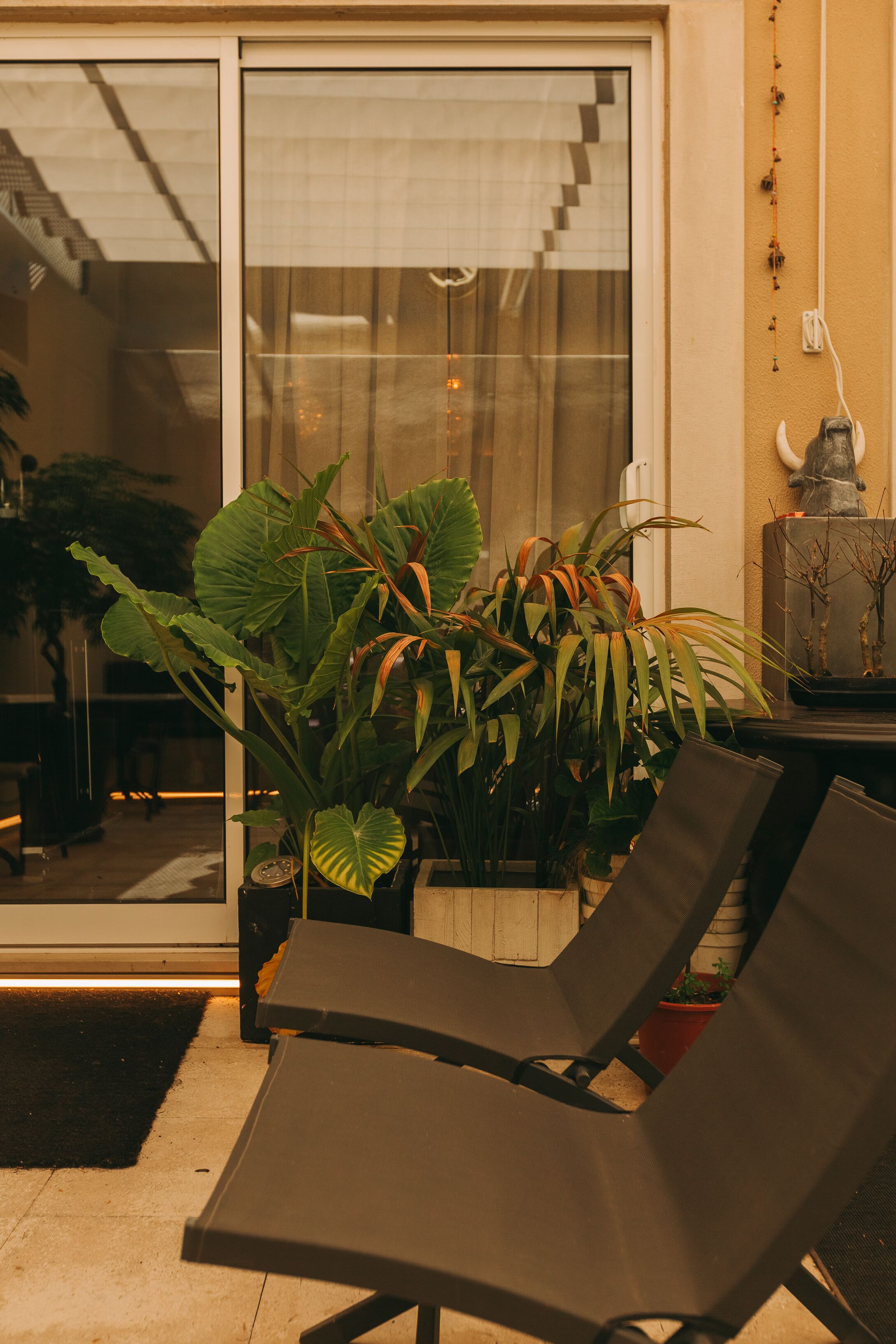 A balcony with two lounge chairs, a potted plant, and a decorative item on a table.
