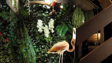 Uma escadaria com um recinto de vidro contendo um pavão, um flamingo e um pássaro empoleirado em um galho.
