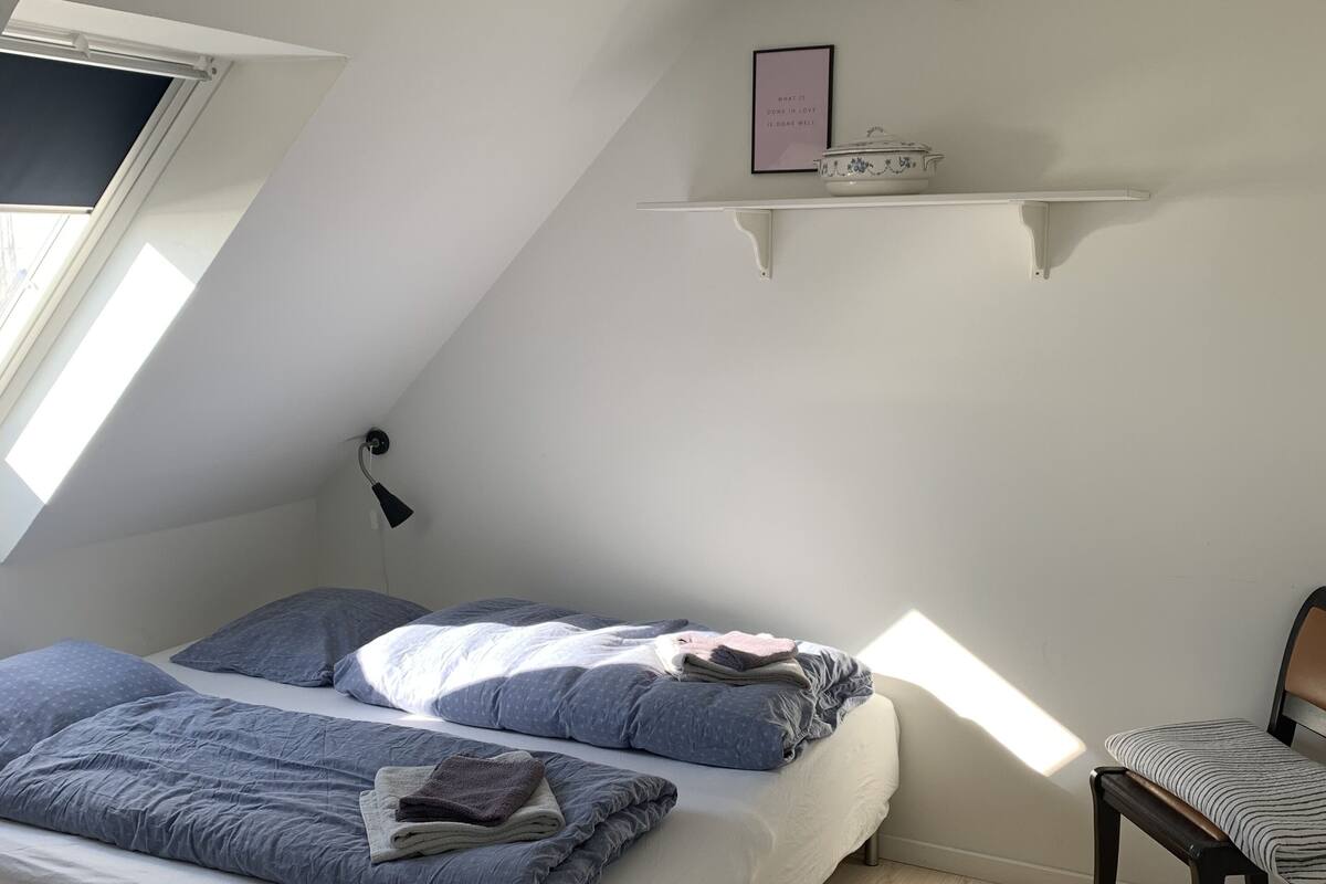 Une chambre avec un plafond en pente, un lit avec une literie bleue, une petite table, une chaise, une plante en pot et une étagère avec des objets décoratifs.