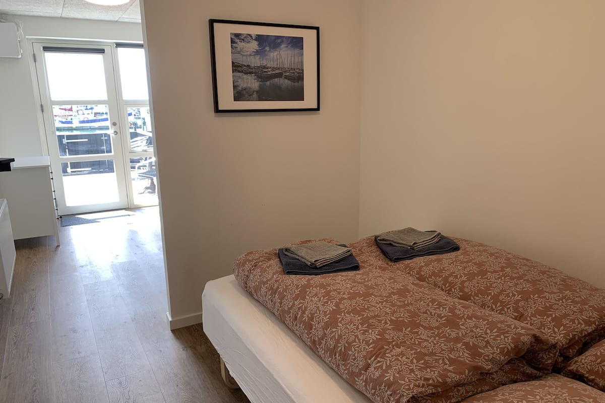 Une chambre à coucher avec un lit, un tableau encadré au mur et une vue sur l’extérieur par une porte.