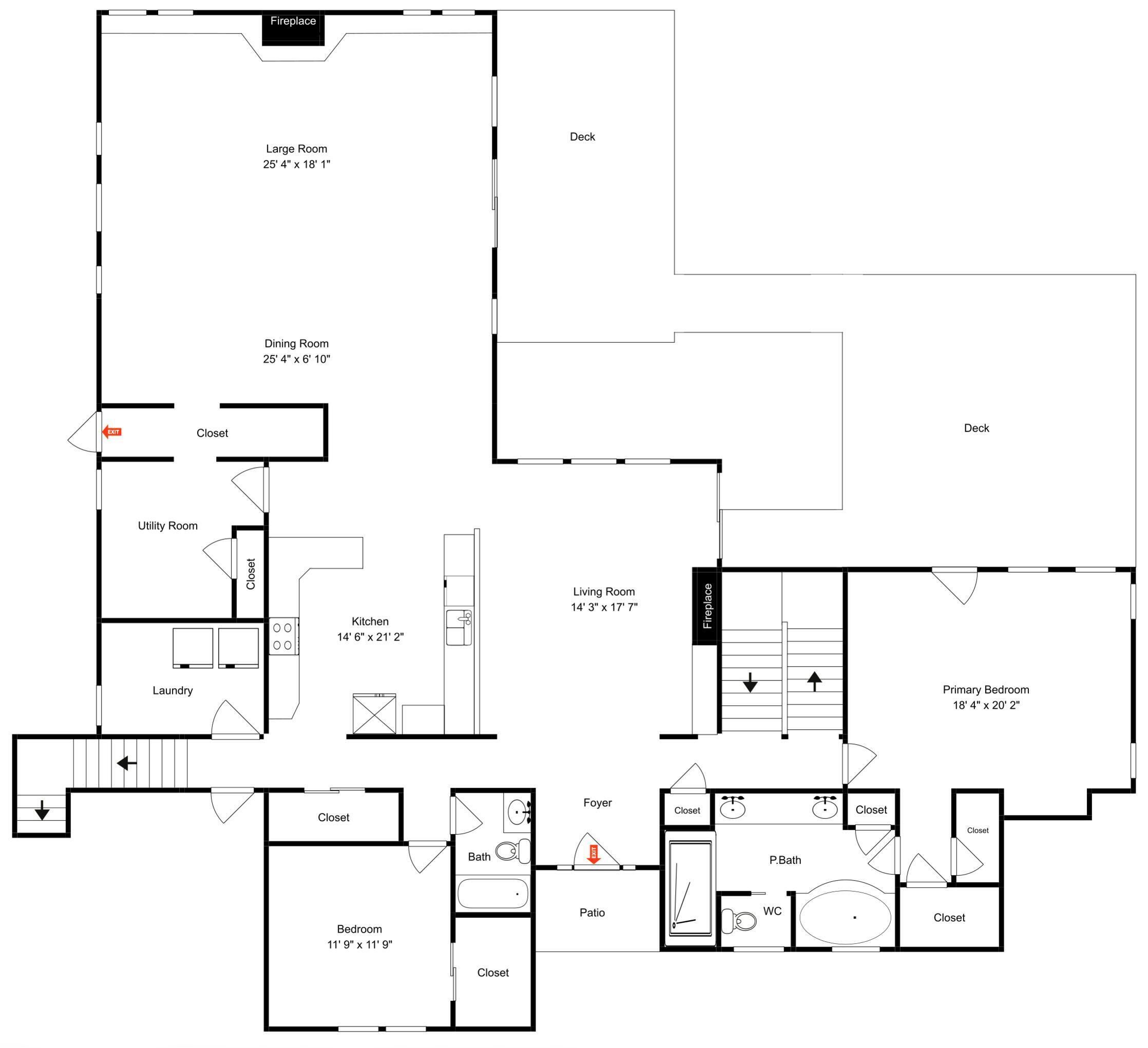 A floor plan with a large room, dining room, kitchen, living room, primary bedroom, bathroom, foyer, and patio.