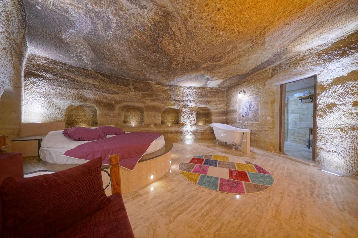 A room with a bed, a bathtub, and a colorful rug.
