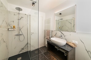 Douche, séchoir à cheveux, serviettes fournies, papier de toilette