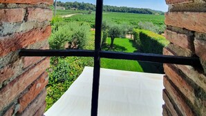 Vista a través de una ventana que muestra un muro de ladrillo, una sábana blanca en el suelo y un paisaje verde con árboles y campos.