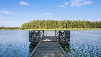 A wooden dock extending into a calm lake with a forested shoreline in the background.