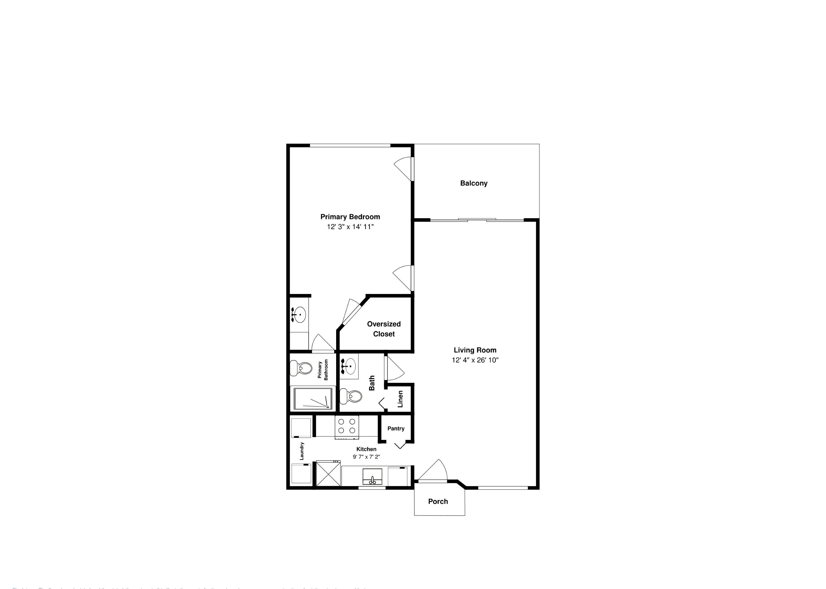 Plattegrond met hoofdslaapkamer, woonkamer, balkon, ruime kleerkast, badkamer, linnenkast, keuken, provisieberging, wasruimte en veranda.