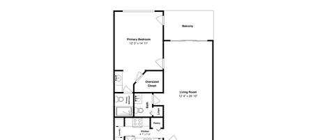 Plattegrond met hoofdslaapkamer, woonkamer, balkon, ruime kleerkast, badkamer, linnenkast, keuken, provisieberging, wasruimte en veranda.