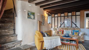 TV connectée, cheminée, livres