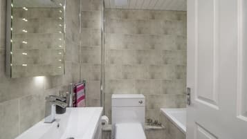 Combined shower/bathtub, hair dryer, towels, soap